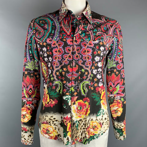 JUST CAVALLI Size XXL Multi-Color Print Cotton Blend Button Up Long Sleeve Shirt