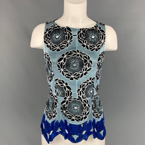 THAKOON ADDITION Size 0 Light Blue & Black Jacquard Floral Polyester Blouse