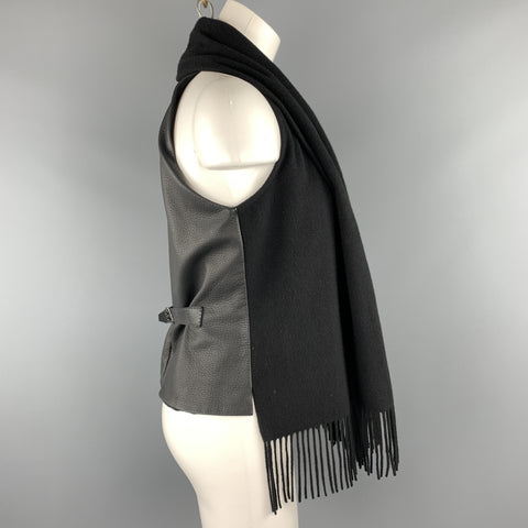 HERMES Size 8 Black Cashmere Fringe Leather Back Scarf Vest