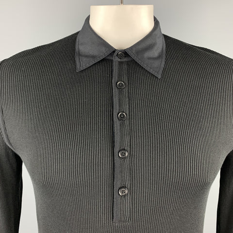 JOHN VARVATOS Size L Black Ribbed Cotton / Silk Ribbed Buttoned Long Sleeve Polo
