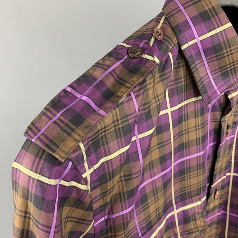 GUCCI Size XS Brown & Purple Plaid Cotton Button Up Patch Pockets Epaulettes Long Sleeve Shirt