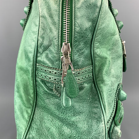 BALENCIAGA Distressed Green Leather Top Handles Handbag