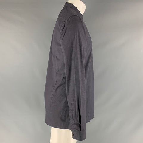 LANVIN Taille M Gris Noir Pied-de-Poule Coton Nehru Col Chemise Manches Longues