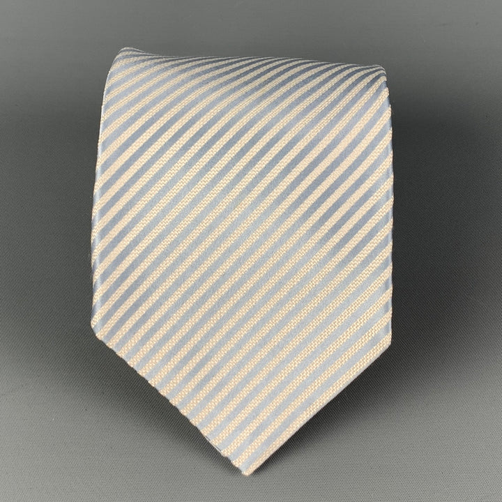 KITON White Light Blue Diagonal Stripe Silk Tie
