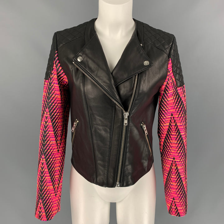 AMERICAN RETRO Kilie Size 2 Black & Fuchsia Boucle Cotton Blend Mixed Fabrics Jacket