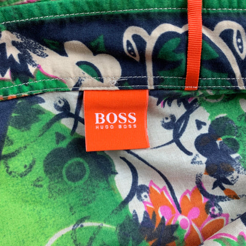 HUGO BOSS Size XL Green Print Cotton Short Sleeve Shirt