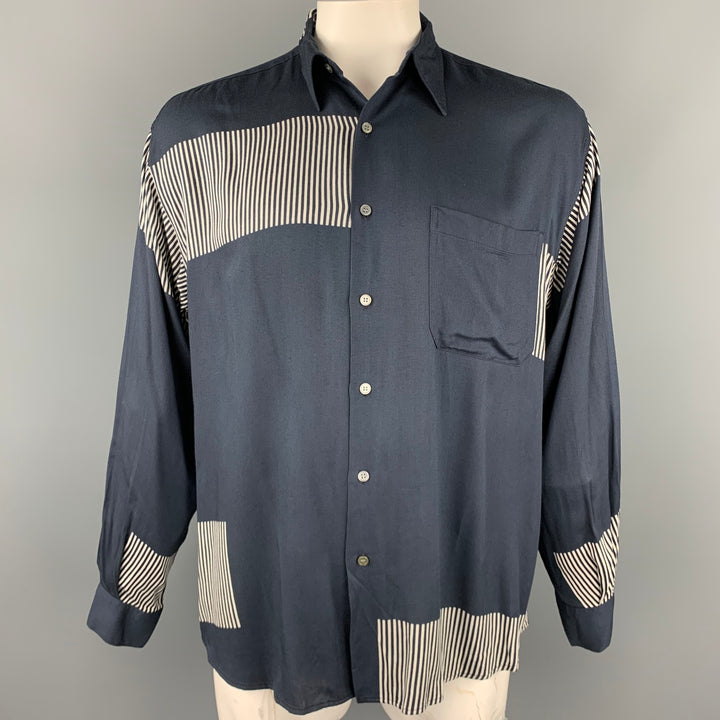 PAUL SMITH Size L Navy Print Rayon Button Up Long Sleeve Shirt