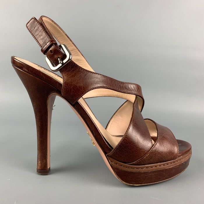 PRADA Size 8 Brown Leather Platform Sandals