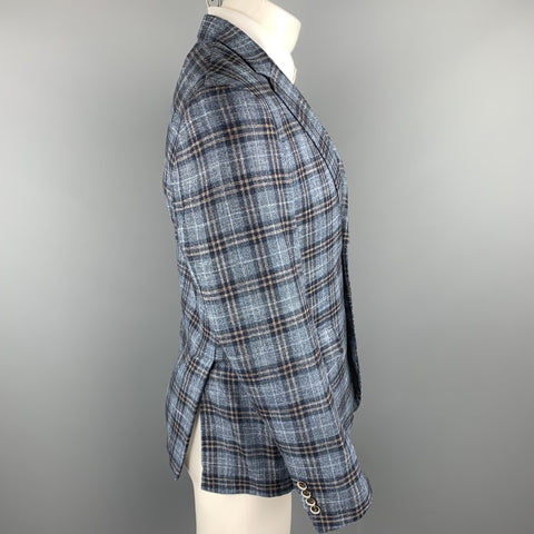 HASPEL Size 38 Navy Plaid Wool / Viscose Blend Notch Lapel Sport Coat