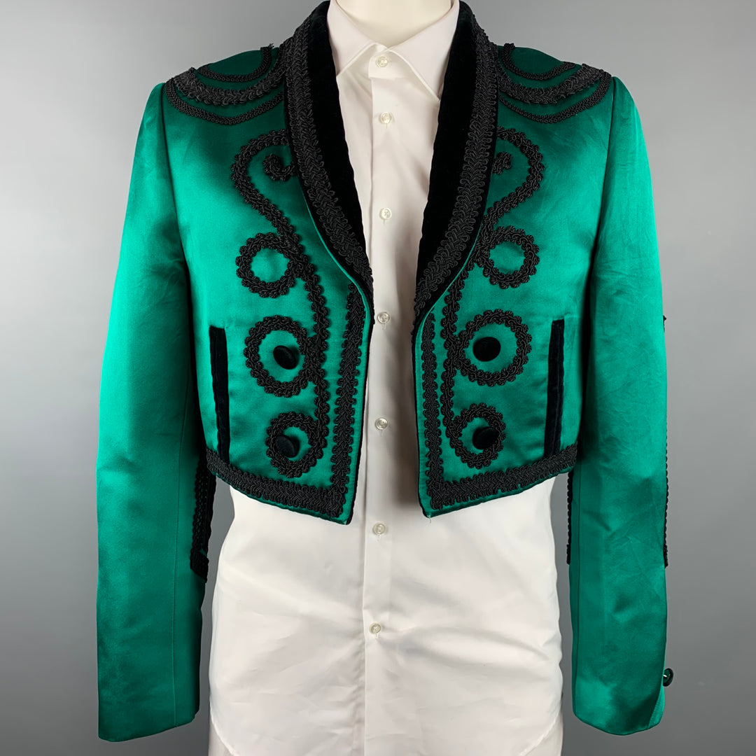 DOLCE & GABBANA S/S 15 Size 44 Emerald & Black Applique Silk Cropped Bull Fighter Jacket