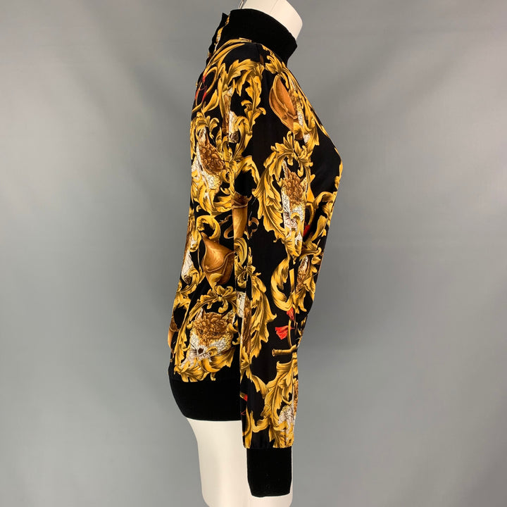 Vintage SALVATORE FERRAGAMO Size XS Black & Gold Baroque Silk Mock Turtleneck Blouse