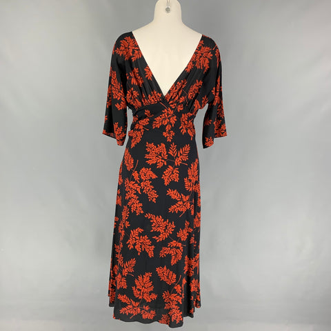 DOLCE & GABBANA Size 4 Black Orange Leaf Print Silk Lycra Short Sleeve Long Dress