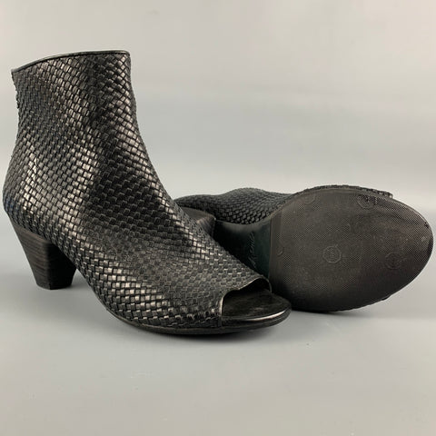 MARSELL Size 7.5 Black Woven Textured Leather Peep Toe Ankle Boots