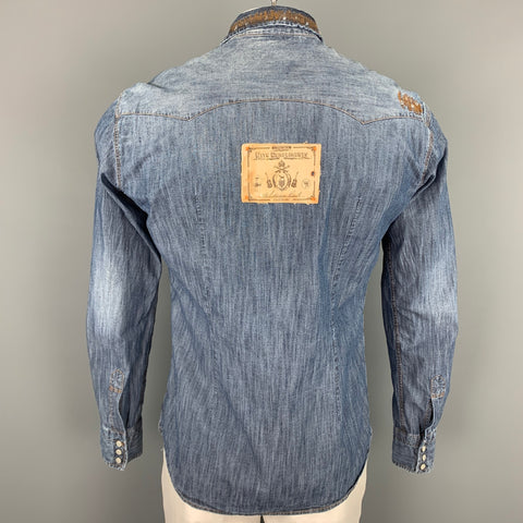 DANIELE ALESSANDRINI Size L Indigo Distressed Snaps Long Sleeve Shirt