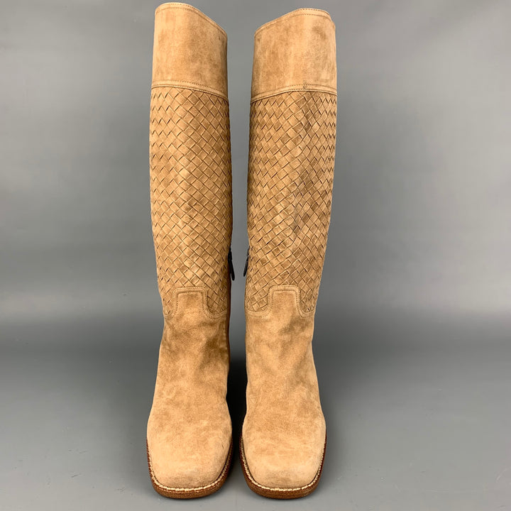 BOTTEGA VENETA Size 7 Beige Suede Woven Knee High Boots