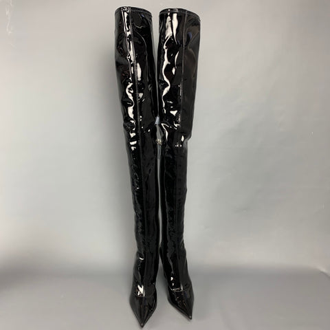 AMINA MUADDI Danielle Size 7.5 Black Patent Leather Knee High Boots