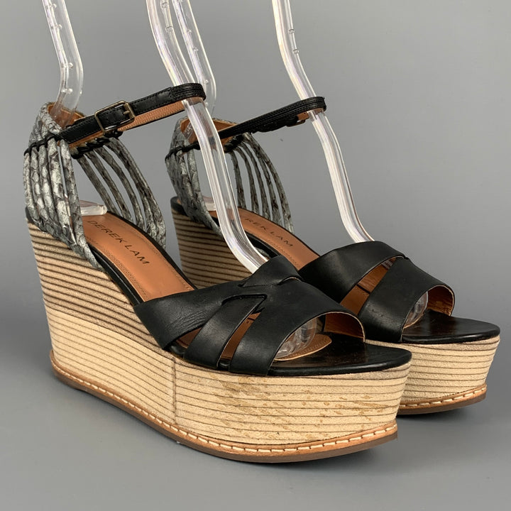 DEREK LAM Size 6 Black & Tan Leather Wood Wedge Sandals