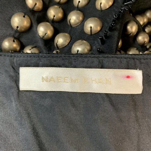 NAEEM KHAN Size 6 Black Gold Tone Metal Beaded Silk A Line Skirt