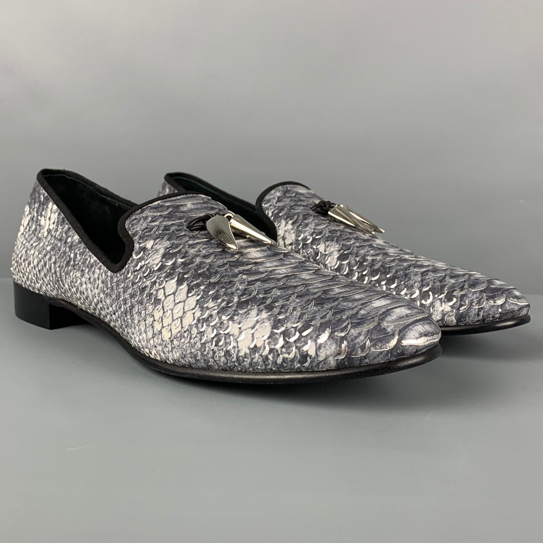GIUSEPPE ZANOTTI Size 14 Grey Silver Snake Print Leather Slip On Loafers