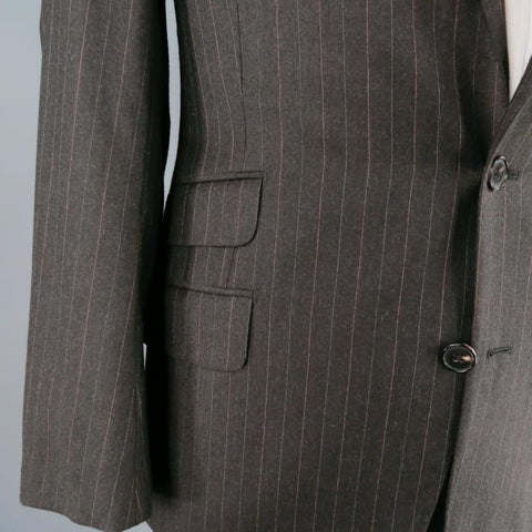 HERMES 42 Regular Charcoal Pinstriped Wool 2 Button 3 Flap Pocket Suit