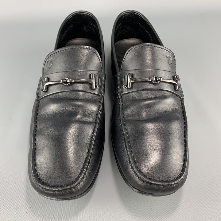 TOD'S Size 10 Black Leather Metal Horsebit  Driver Sole Loafers