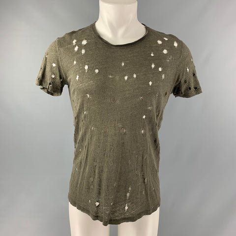 IRO Size XS Olive Distressed Linen Crew-Neck T-shirt