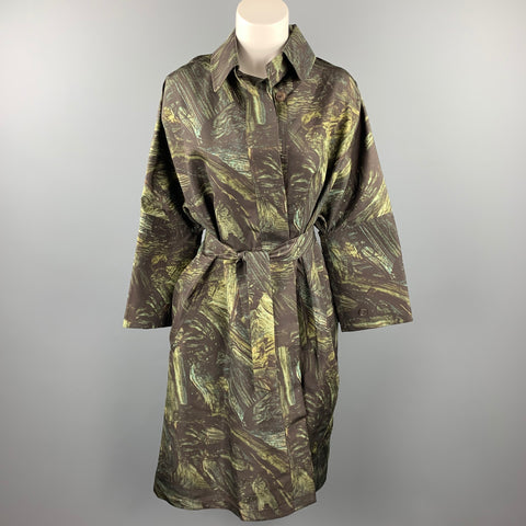 JIL SANDER Taille S Manteau surdimensionné en soie imprimé olive avec ceinture