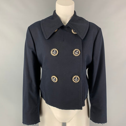 DOLCE & GABBANA Size 6 Navy Cotton Rhinestone Anchor Double Breasted Nautical Jacket