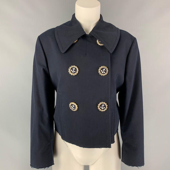 DOLCE &amp; GABBANA Chaqueta náutica de doble botonadura con ancla de diamantes de imitación de algodón azul marino talla 6