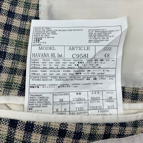 SUIT SUPPLY Size 38 Cream Navy Green Checkered Notch Lapel Sport Coat