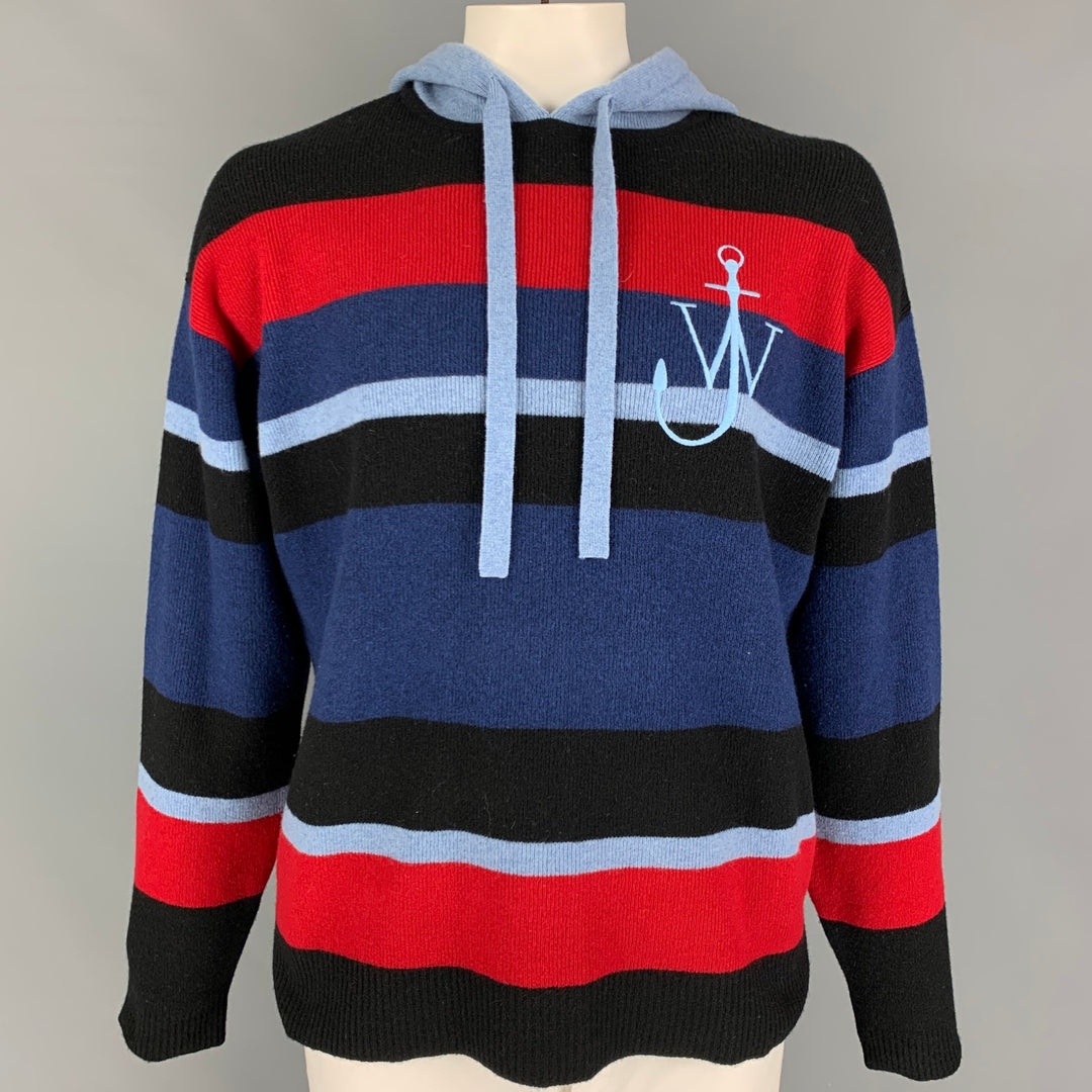 J.W.ANDERSON Size L Blue Black Red Stripe Merino Wool Hooded Sweater