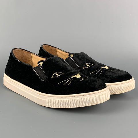 CHARLOTTE OLYMPIA Size 7 Black Velvet Leather Trim Slip On Sneakers