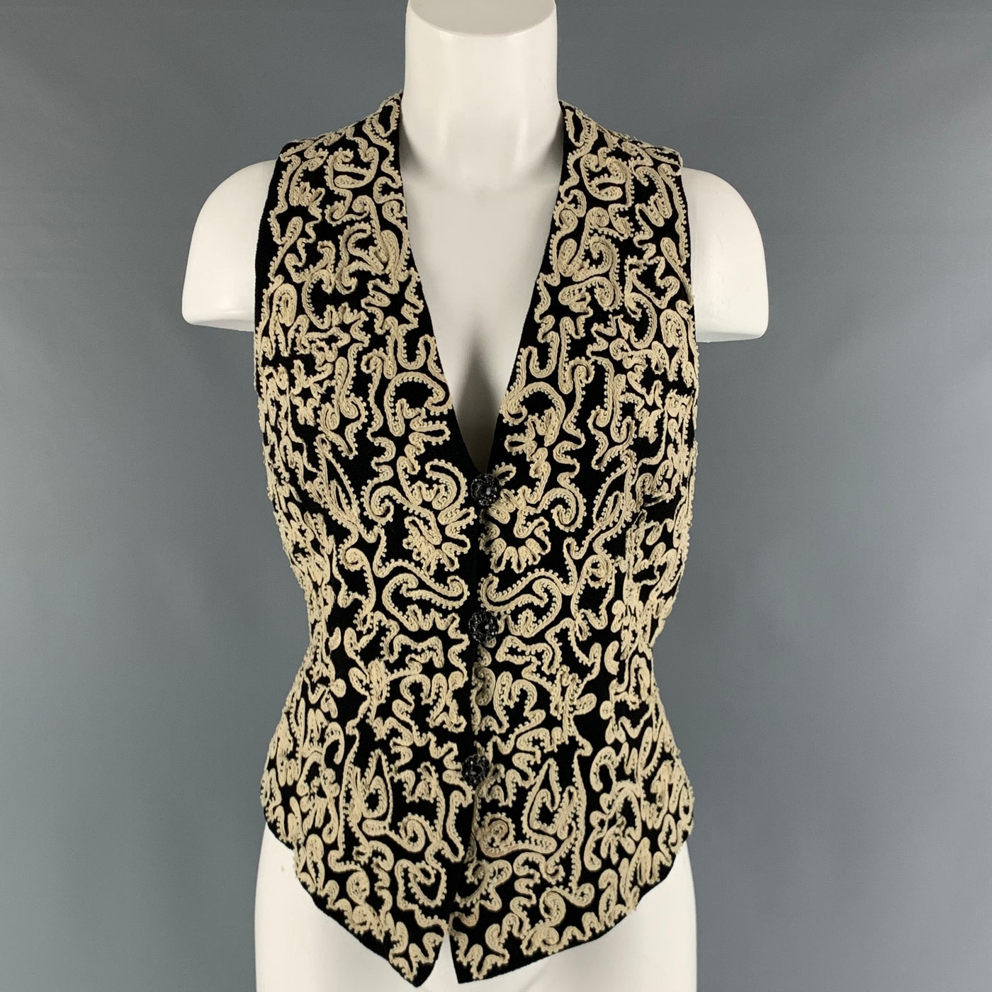 DONNA KARAN Size 6 Black Cream Wool Embroidered V-Neck Vest