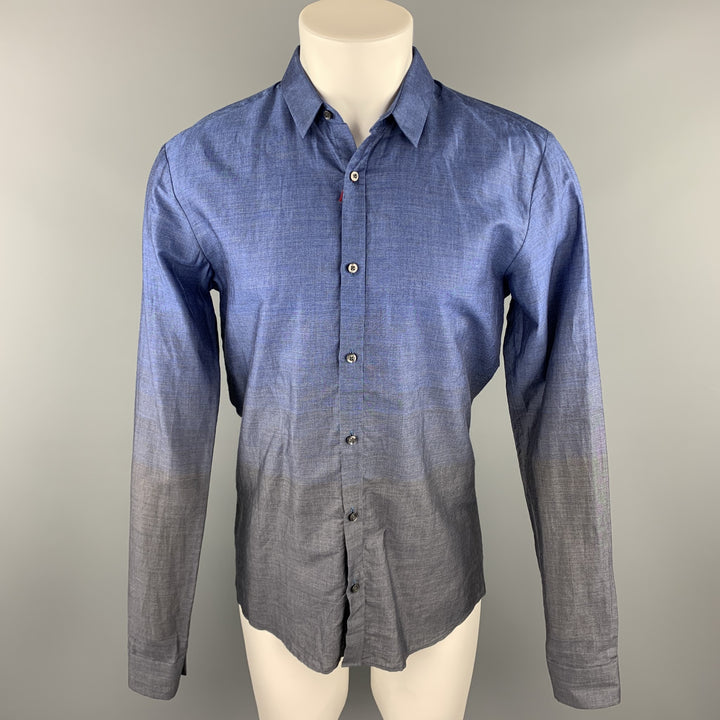 HUGO BOSS Size M Indigo & Charcoal Ombre Cotton Button Up Long Sleeve Shirt