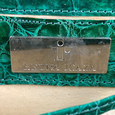 REYNA ICAZA Green Leather Alligator Baguette Clutch