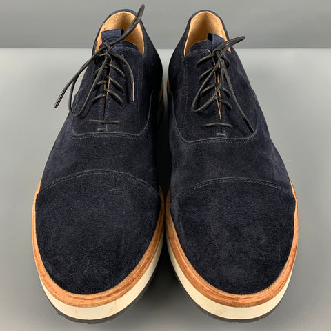 EMPORIO ARMANI Size 11 Navy Solid Leather Platform Lace-Up Shoes