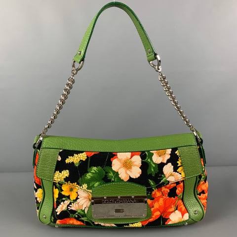 DOLCE & GABBANA Green Orange Floral Canvas Handbag