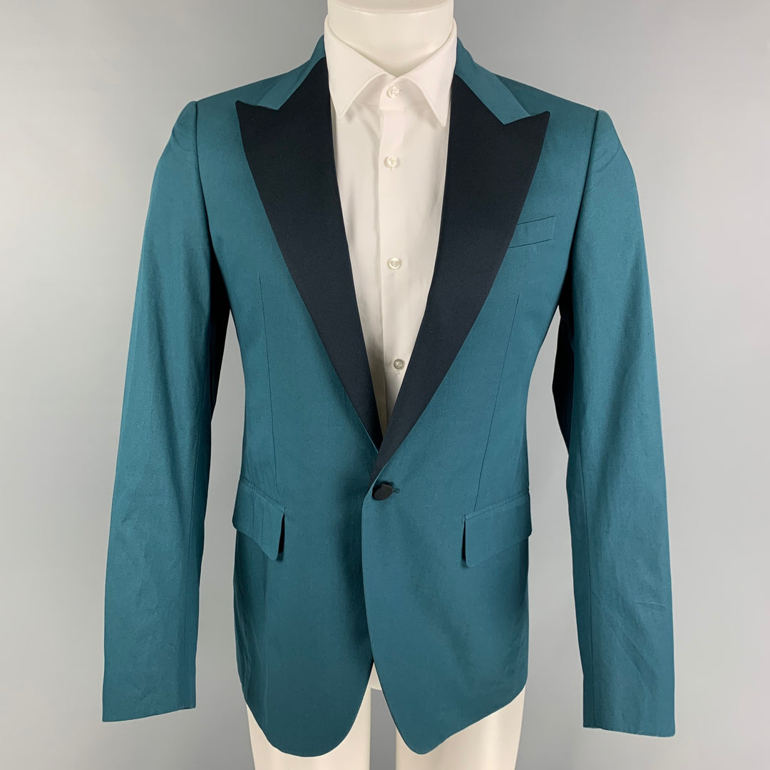 LANVIN Size 36 Teal Black Tweed Cotton Peak Lapel Sport Coat