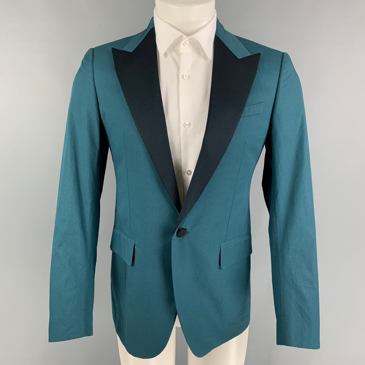 LANVIN Size 36 Teal Black Tweed Cotton Peak Lapel Sport Coat
