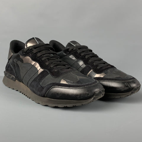 VALENTINO Size 10 Black Silver Camo Leather Rockrunner Sneakers