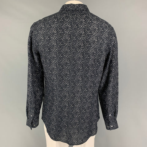 JOHN VARVATOS Size L Black White Print Linen Blend Long Sleeve Shirt