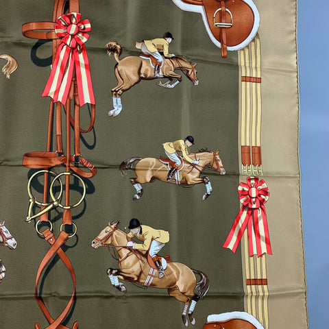 HERMES by Philippe Ledoux Écharpe En Sergé De Soie Équestre Olive Taupe