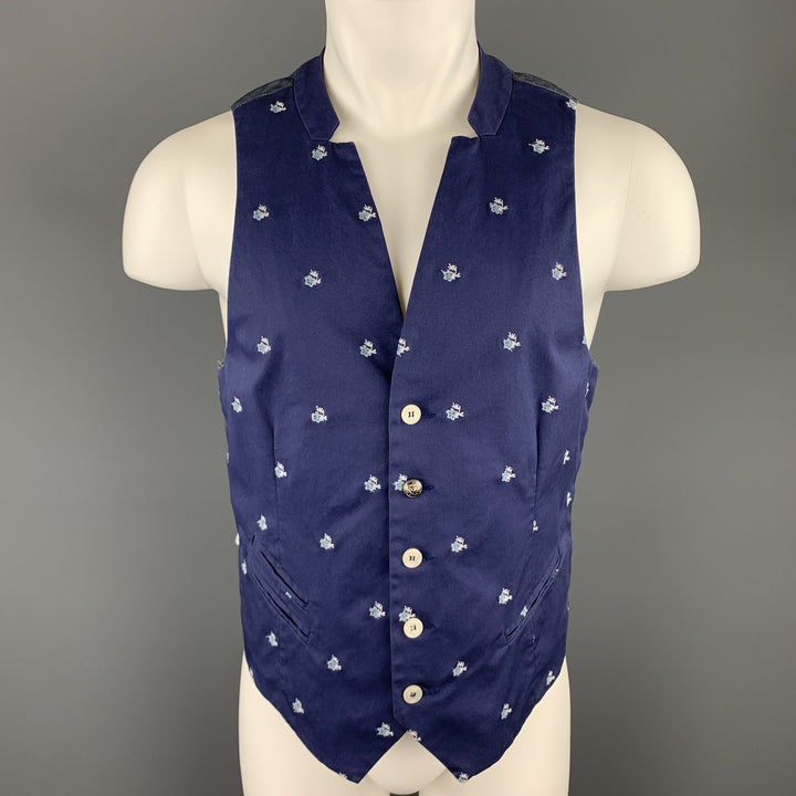 PAOLO PECORA Size 38 Blue Floral Embroidered Cotton Inverted Notch Vest