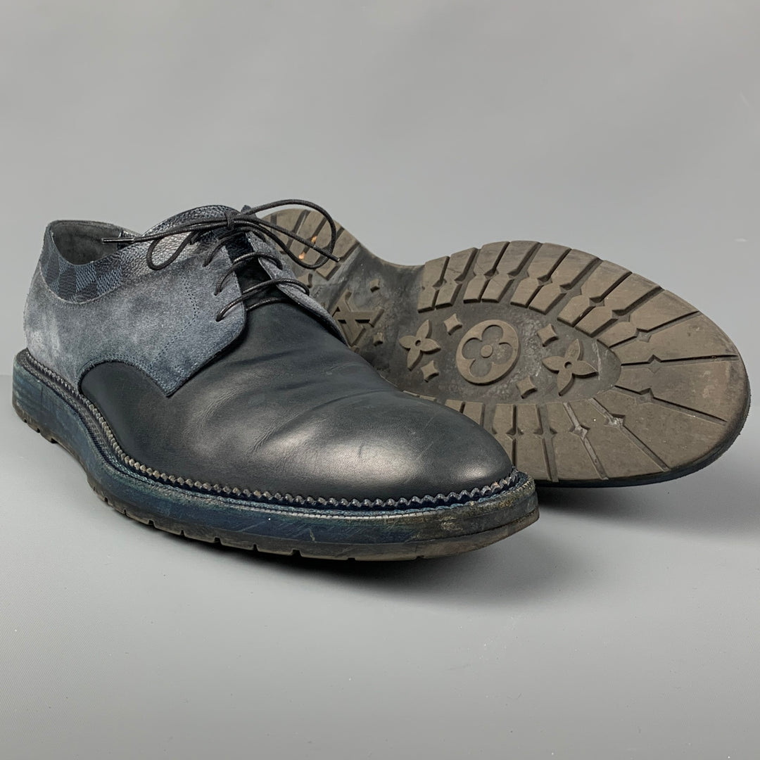 LOUIS VUITTON Size 10.5 Navy Blue Damier Leather Lace Up Shoes