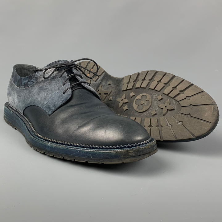 LOUIS VUITTON Size 10.5 Navy Blue Damier Leather Lace Up Shoes