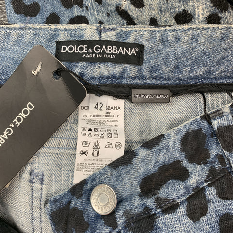 DOLCE & GABBANA Size 6 Blue Lepard Print Distressed Denim Pencil Skirt