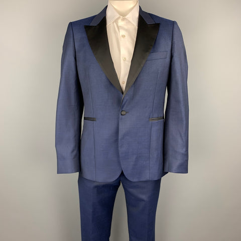PAUL SMITH Size 40 Navy Woven Wool Peak Lapel Tuxedo