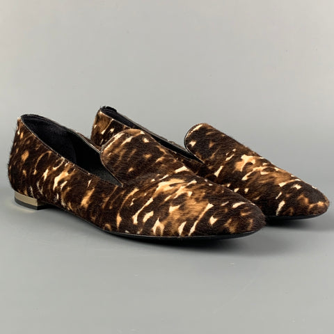 BURBERRY PRORSUM Zapatos planos sin cordones con estampado animal de cuero marrón talla 5