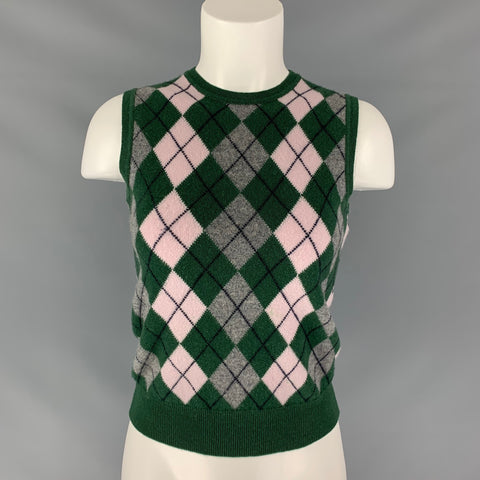 PRINGLE Taille S Vert Gris Cachemire Argyle Pull Gilet