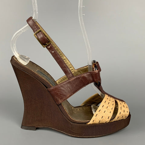 ALBERTA FERRETTI Talla 6.5 Sandalias de cuña de cuero de seda marrón y beige